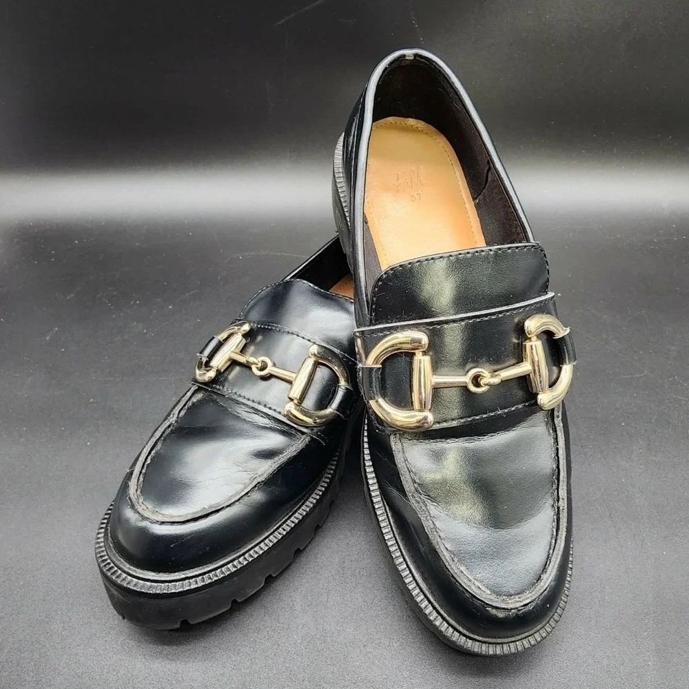 H&M Chunky‎ Platform Horsebit Loafers Black Women Size 6.5 Lug Sole Bit Detail
